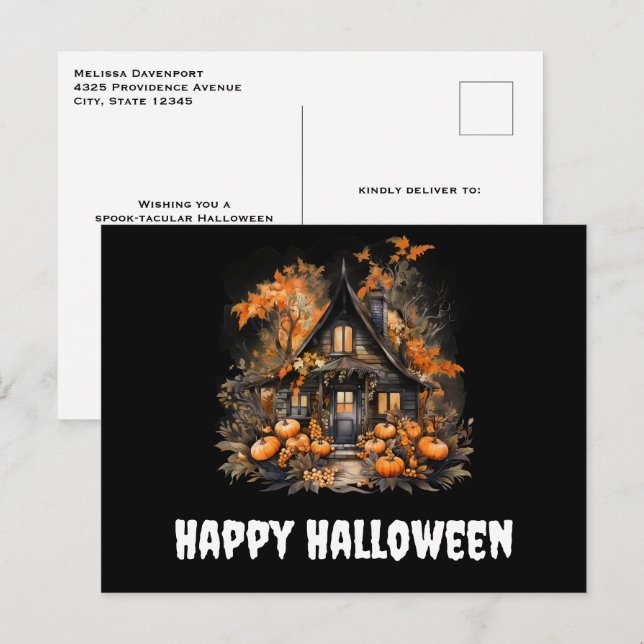 Spuk Haus mit Pumpkins Halloween Postkarte (Vorne/Hinten)