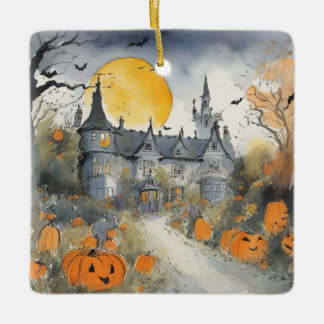 Spuk Haus mit Pumpkins Keramikornament