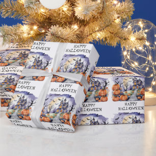 Spuk Haus mit Pumpkins und Fledermäusen Halloween Geschenkpapier