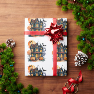 Spuk Haus mit Pumpkins und Fledermäusen Halloween Geschenkpapier