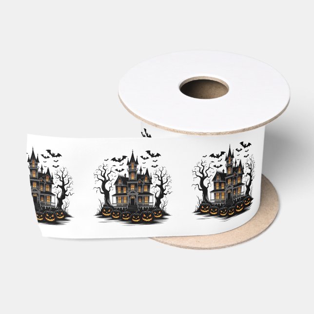 Spuk Haus mit Pumpkins und Fledermäusen Halloween Satinband (Spule)