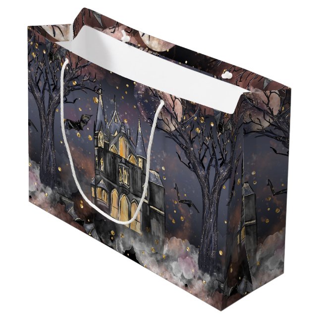 Spuk Haus | Spooky Vollmondbaum und Fledermäuse Große Geschenktüte (Vorderseite Schrägansicht)