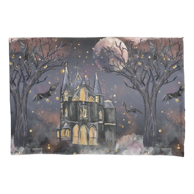 Spuk Haus | Spooky Vollmondbaum und Fledermäuse Kissenbezug (Vorderseite)