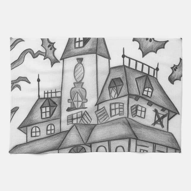 Spuk Haus und Fledermäuse Halloween Geschirrtuch (Horizontal)