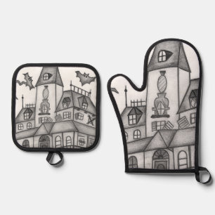 Spuk Haus und Fledermäuse Halloween Ofenhandschuh & Topflappen-Set