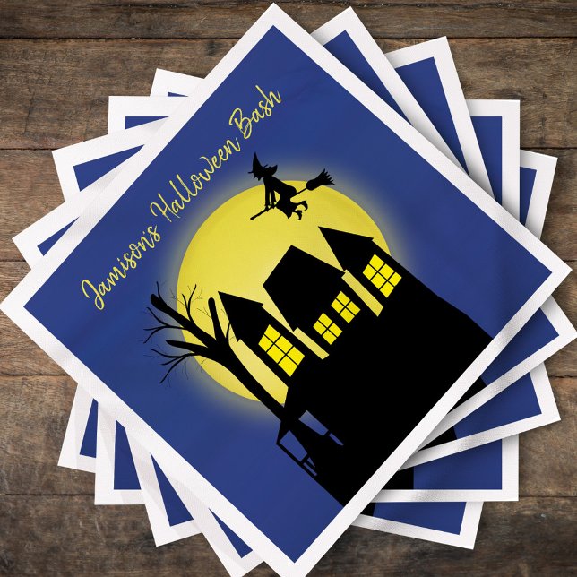 Spuk Haus und Fliegerhexe mit Mondlicht Serviette (Personalized haunted house Halloween napkin with moon and witch silhouette.)