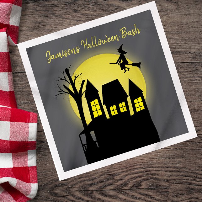 Spuk Haus und Fliegerhexe mit Mondlicht Serviette (Personalized Halloween bash napkin with haunted house and witch.)
