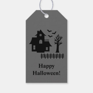 Spuk Haus und glücklicher Halloween Text grau Geschenkanhänger