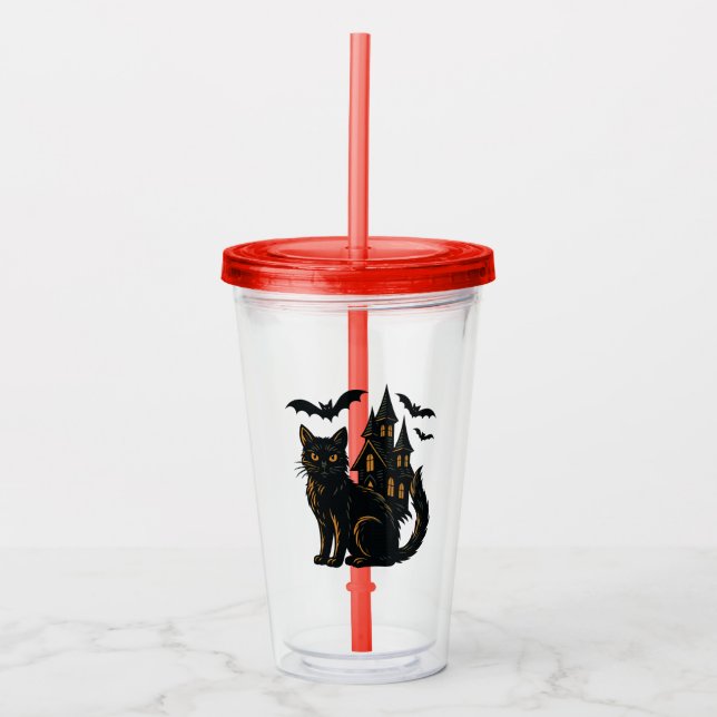 Spuk Haus und schwarze Katze Acryltrinkbecher (Vorderseite)