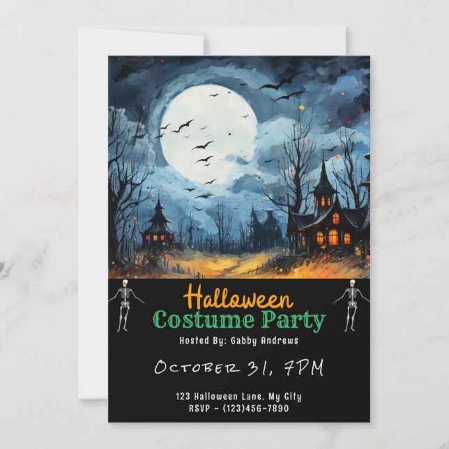 Spuk Haus Vollmond Fledermäuse Schwarzes Halloween Einladung (Vorderseite)