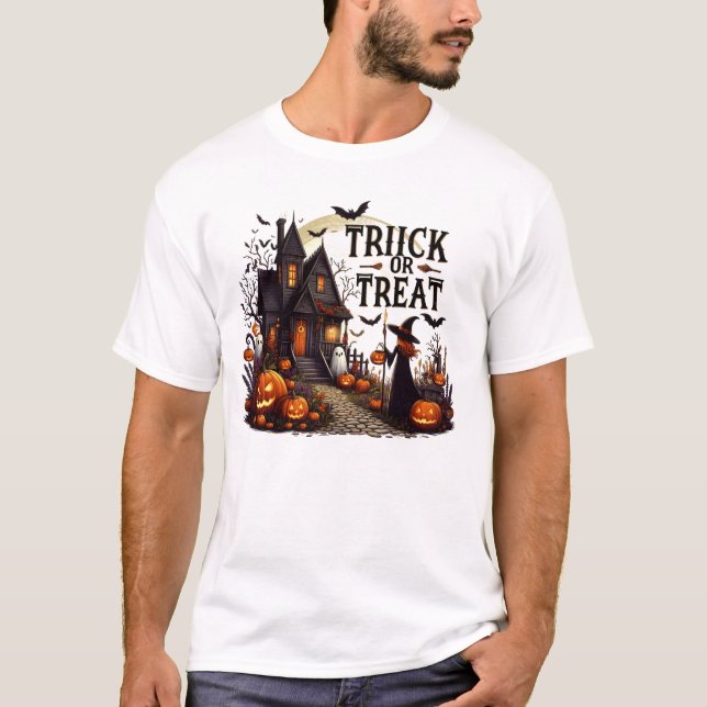 Spuk Hausweg mit Kürbis und Gespenstern T-Shirt (Vorderseite)
