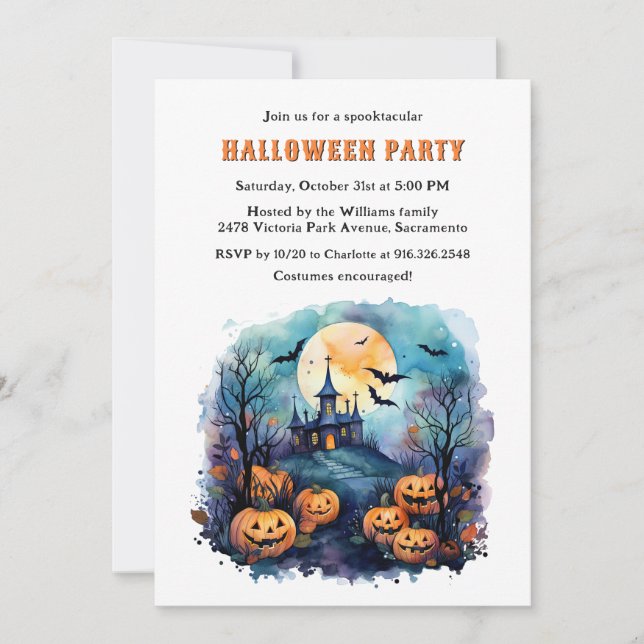 Spuk Herrenhaus Moon Bats Pumpkins Halloween-Party Einladung (Vorderseite)