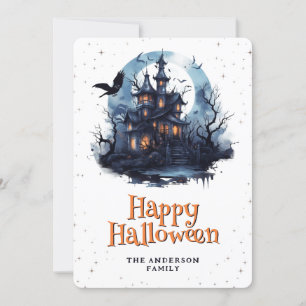 Spuk Herrenhaus Raven Bats Moon Happy Halloween Feiertagskarte