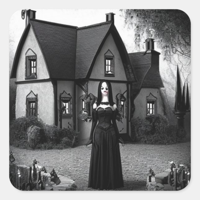 Spuk Herrenhaus und gotische Frau Quadratischer Aufkleber (Vorderseite)