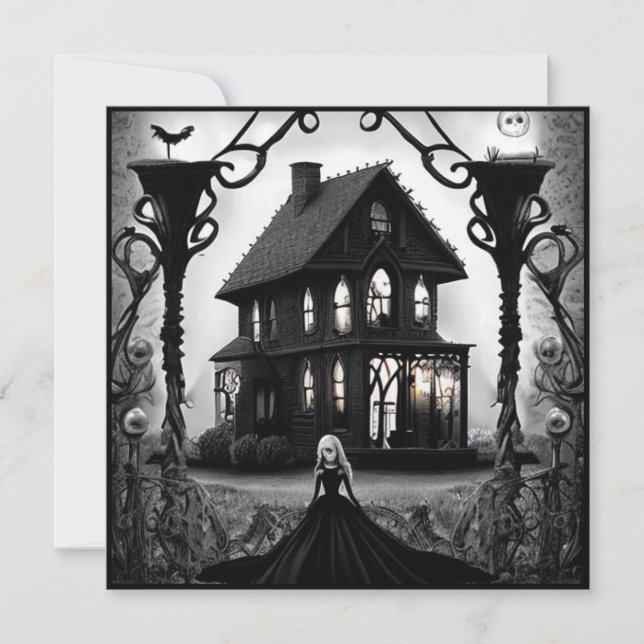 Spuk Herrenhaus und gotische FrauenHalloween Einladung (Vorderseite)