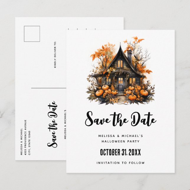 Spuk House and Pumpkins Halloween Save the Date Einladungspostkarte (Vorne/Hinten)