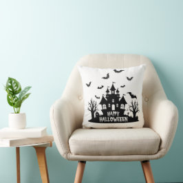 Spuk House Black & White Happy Halloween Kissen