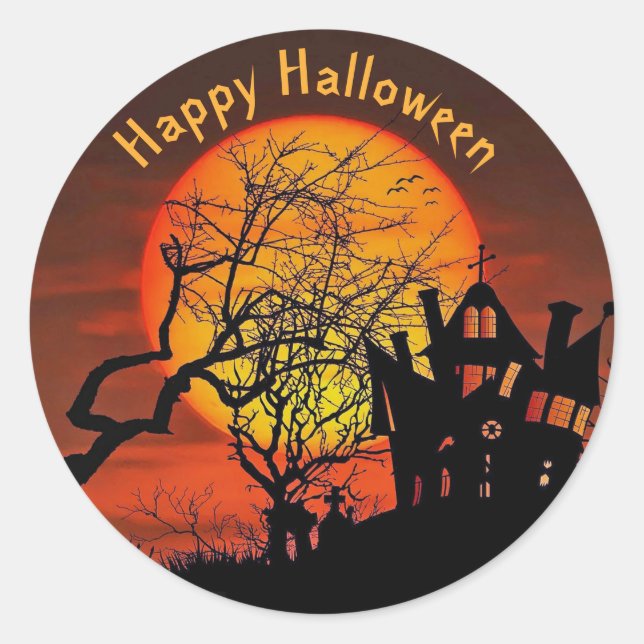 Spuk House Full Moon Graphic Halloween Runder Aufkleber (Vorderseite)