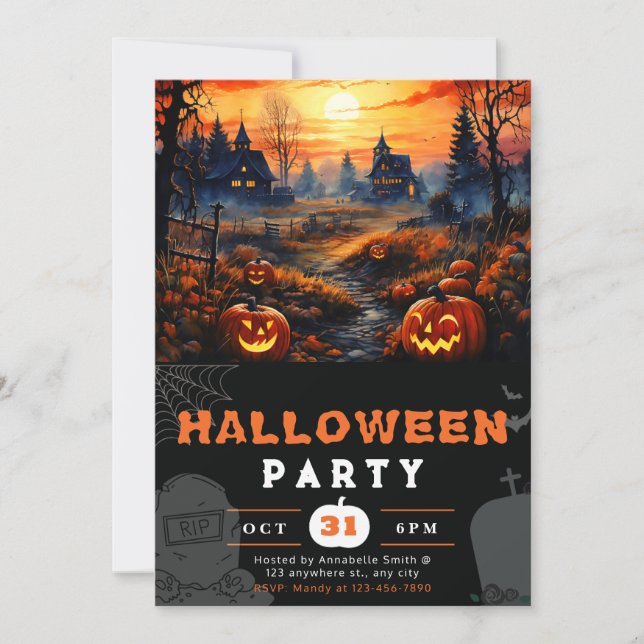 Spuk House Full Moon Pumpkins Black Halloween Einladung (Vorderseite)