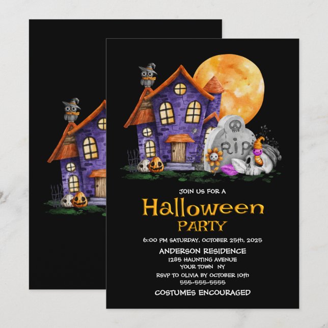 Spuk House Gravestone Halloween-Party Einladung (Vorne/Hinten)