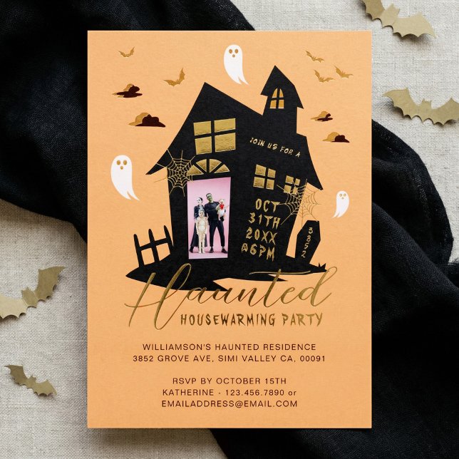 Spuk House Halloween Housewarming Party Foto Folieneinladung (Haunted House Halloween Photo Housewarming Party Foil Invitation)