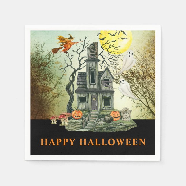 Spuk House Happy Halloween Party Serviette (Vorderseite)