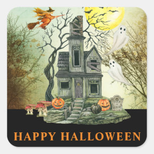 Spuk House Happy Halloween Quadratischer Aufkleber