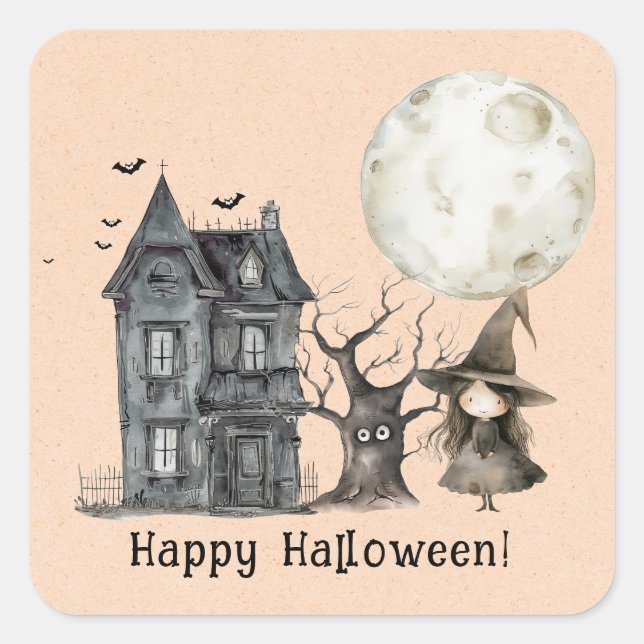 Spuk House Hexe Spooky Halloween-Party Quadratischer Aufkleber (Vorderseite)