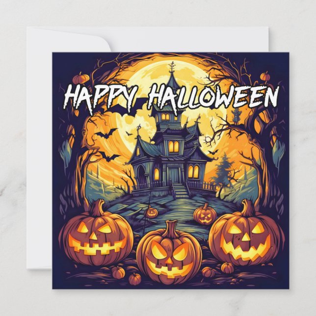 Spuk House & Pumpkins | Frohe Halloween Karte (Vorderseite)