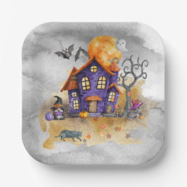 Spuk Lila Gnome House mit Ghost Bats & Cats Pappteller