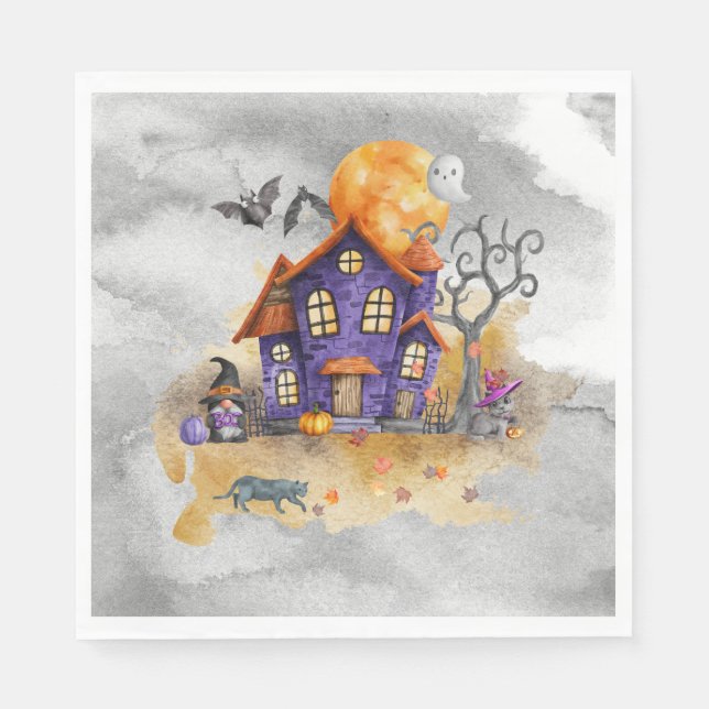 Spuk Lila Gnome House mit Ghost Bats & Cats Serviette (Vorderseite)