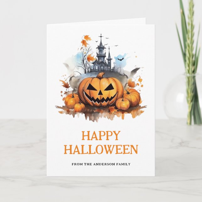 Spuk Mansion Bats Pumpkins Foto Halloween Karte (Vorderseite)