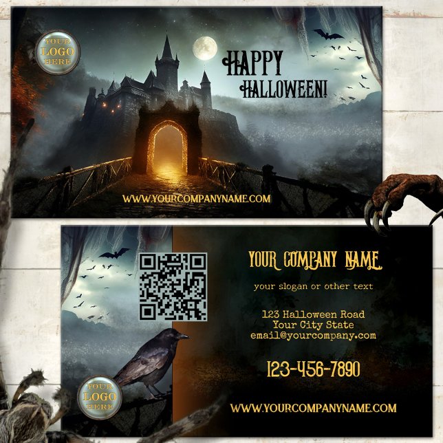 Spuk Night Castle Halloween Visitenkarte (Halloween business card featuring a dark castle with a full moon and bats and a raven on the back)