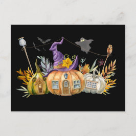 Spuk Pumpkin House mit Ghost & Bats Postkarte