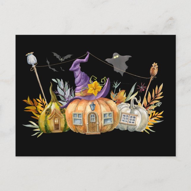 Spuk Pumpkin House mit Ghost & Bats Postkarte (Vorderseite)