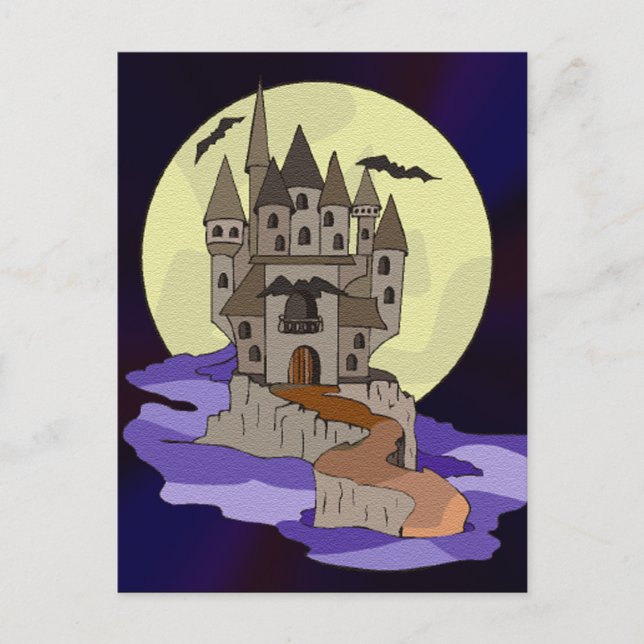 Spuk Schloss, Fledermäuse und Vollmond Cartoon Postkarte (Vorderseite)