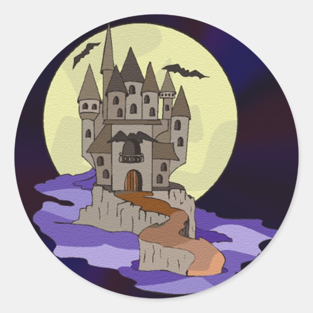 Spuk Schloss, Fledermäuse und Vollmond Cartoon Runder Aufkleber (Vorderseite)