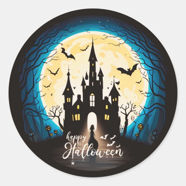 Spuk Schloss Happy Halloween Creepy Runder Aufkleber (Vorderseite)