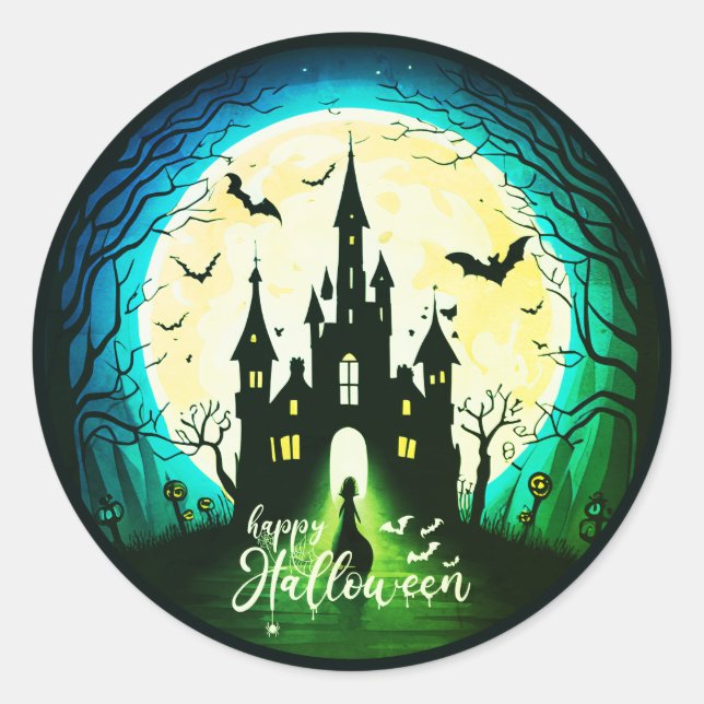 Spuk Schloss Happy Halloween Creepy Runder Aufkleber (Vorderseite)