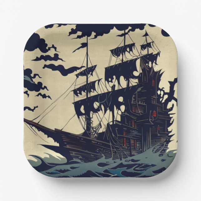 Spuk Segelschiff Woodblock 1 Pappteller (Vorderseite)
