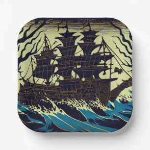 Spuk Segelschiff Woodblock 3 Pappteller
