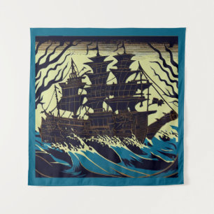 Spuk Segelschiff Woodblock 3 Wandteppich