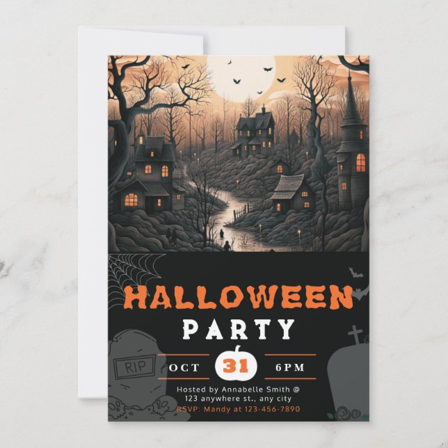 Spuk Town Full Moon Black Birds Halloween Einladung (Vorderseite)