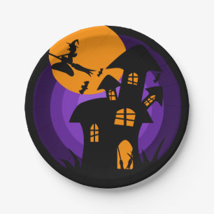 Spukhaus-Hexe Lila Orange Halloween-Party Pappteller