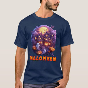 Spukhaus mit Kürbissen, Geistern und Vollmond T-Shirt