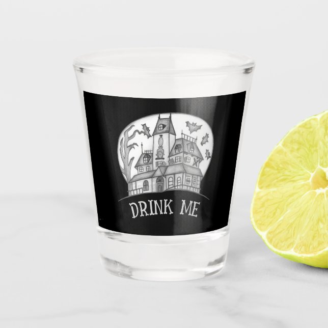 Spukhaus und Fledermäuse Halloween  Schnapsglas (Vorderseite)