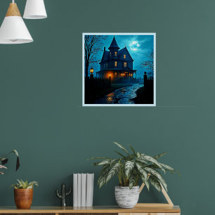 Spukvilla Blaue Mondlicht Nacht Design Poster