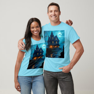 Spukvilla Blaulichtmond-Nacht-Design T-Shirt