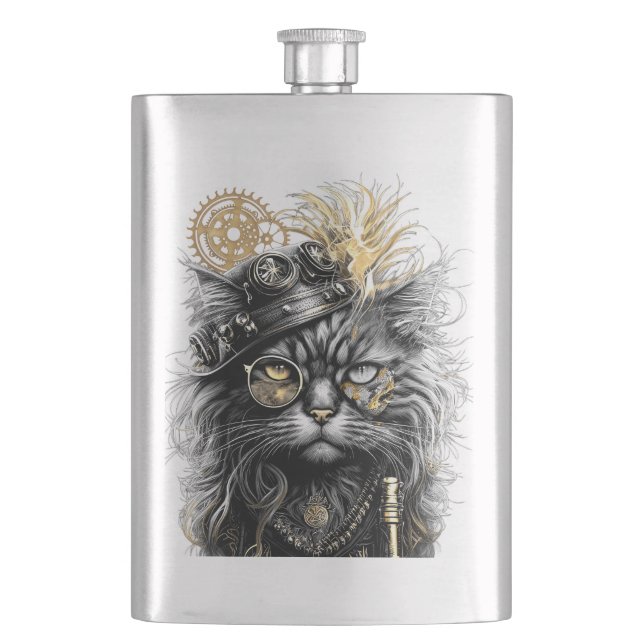 Spunky Paws Die funky Steampunk-Katze  Flachmann (Vorderseite)