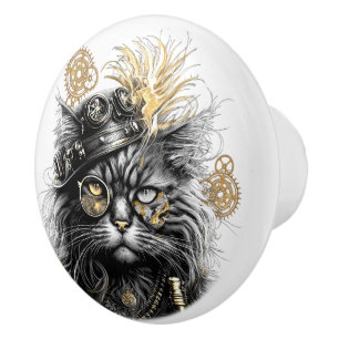 Spunky Paws Die funky Steampunk-Katze  Keramikknauf